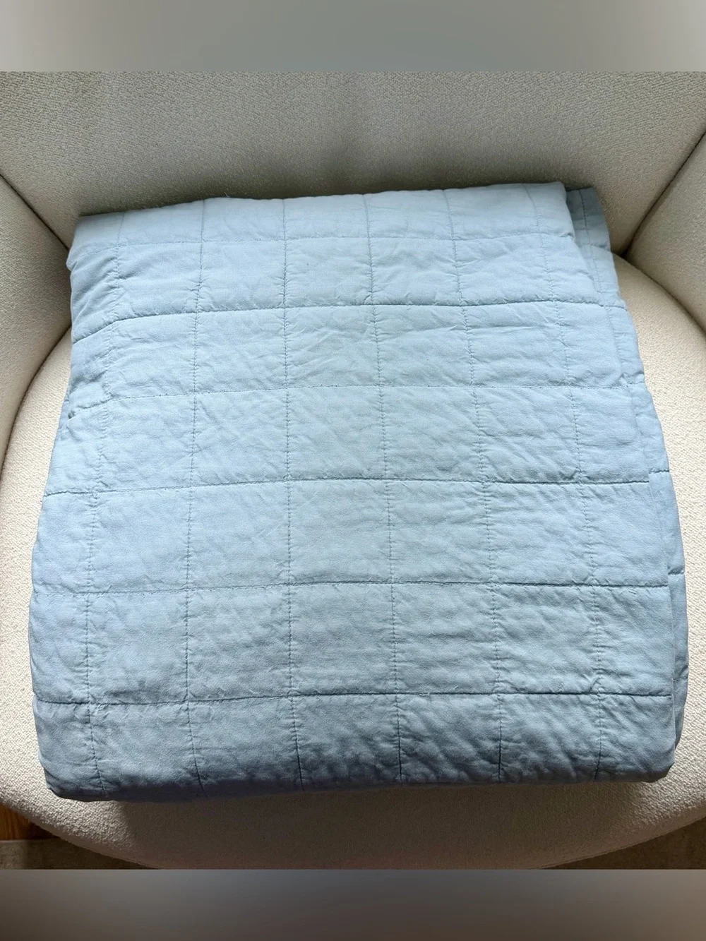 Crate & Barrel Organic Cotton Full Queen Quilt Mellow Sky Blue w 2 Standard Sham
